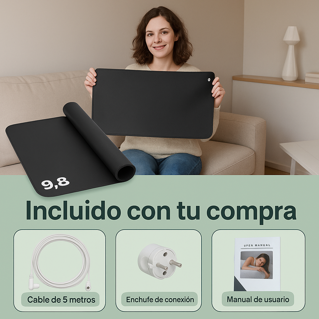 Mujer mostrando alfombrilla de grounding 9,8 con accesorios incluidos: cable de 5 metros, enchufe de conexión y manual de usuario.